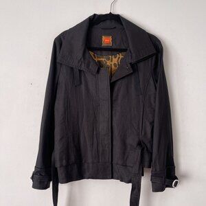 Hugo Boss Black Linen Belted Jacket Blazer Animal Print Lining Size 8 Wrap Back